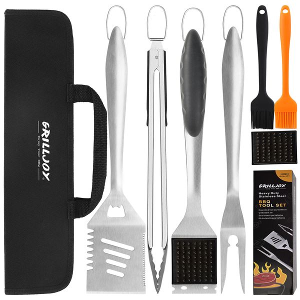 grilljoy 8PCS Heavy Duty BBQ Grill Tools Set with Extra Thick Stainless Steel Spatula, Fork, Tongs & Cleaning Brush - Complete Barbecue Accessories Kit with Portable Bag - Perfect Grill Gifts for Men