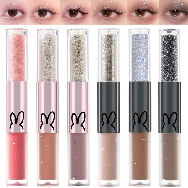 Erinde 6 Pcs Ombretto Liquido Glitter Occhi, Liquid Glitter Matte Eyeliner & Matte Cream Eyeshadow 2 in 1, Quick Drying, Easy to Apply, Long Lasting Korean Shimmer Matte Eyeshadow Eye Makeup