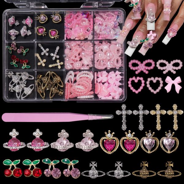 Assorted 3D Nail Gems Charms, Cross Planet Heart Cherry Nail Jewelry Charms, Pink Butterfly Bows Flower Heart Star Moon Acrylic Nail Charms for Nail Art DIY Decal Manicure Accessories