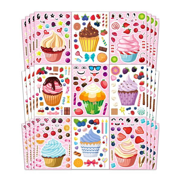 Ozepao 36 Pcs Cupcake Make-a-Face Sticker Sheets | Mix & Match Ice Cream Dessert Party Favors for Toddlers & Kids Ages 2-8 | Treats Party Activities, Birthday Decorations, Crafts & Supplies