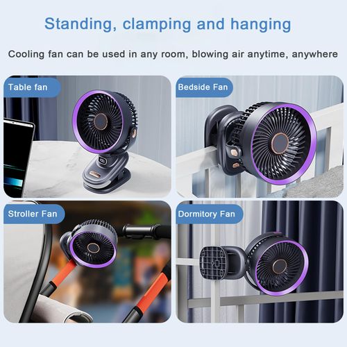 SYBOYEGE Portable Clip on Fan, Battery Operated Small Powerful USB Desk Fan with Night Light & LED Display Screen, Mini Table Fan, 360° Rotate Personal Fan for Home Office Stroller Camping (Gray)