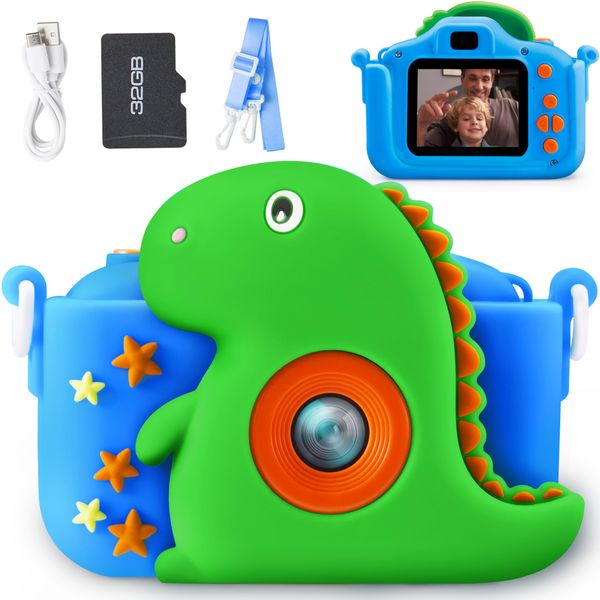 SYNCFUN Kids Camera, Christmas Birthday Gifts for Boys 3 4 5 6 7 8 Year Old, Dinosaur Toys Selfie Toddler Camera, 1080P HD Selfie Digital Video Camera with 32GB SD Card (Dinosaur)