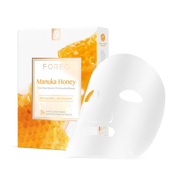 FOREO Manuka Honey revitalisierende Sheetmaske für trockene und matte Haut, 3er Pack, Anti-Aging, tiefenwirksam nährende, cleane Formulierung, ohne Tierversuche, mit den UFO Geräten kompatibel