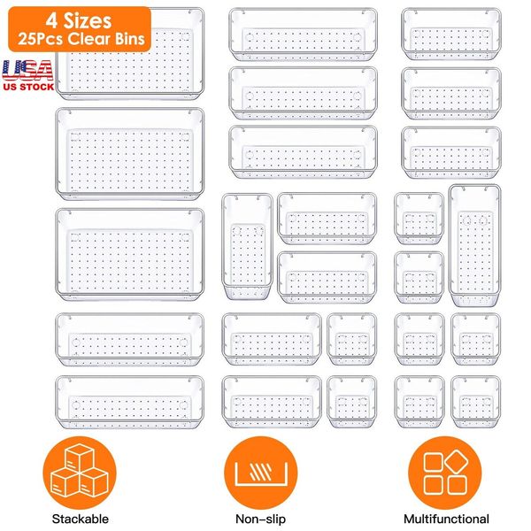 25Pcs Clear Plastic Drawer Desk Drawer Dividers Trays Holder Bathroom Organizers