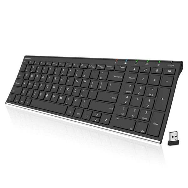 Arteck USB Wireless Keyboard Stainless Steel Ultra Slim Keyboard with Numeric Keypad for Computer/PC/Laptop and Windows 11/10/8 Rechargeable Battery