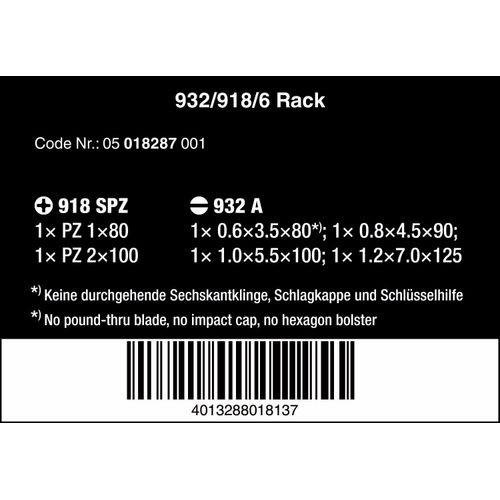 Wera 932/918/6 Kraftform Chiseldriver screwdriver set and rack, Pozidriv/Slotted, 6pc, 05018287001, Silver