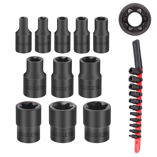 SEDY 11 Pc Female External TORX Star Socket Set with Red Single Handle Socket Organizer, Female External Star Socket Set, E4 - E20 Torque Socket Set