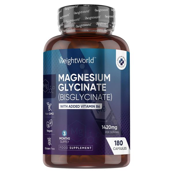 Magnesium Glycinate with Vitamin B6-1420mg Vegan Magnesium Bisglycinate Capsules - 180 Capsules - 3 Months Supply - High Strength Elemental Magnesium for Tiredness, Bones & Muscles - Gluten-Free