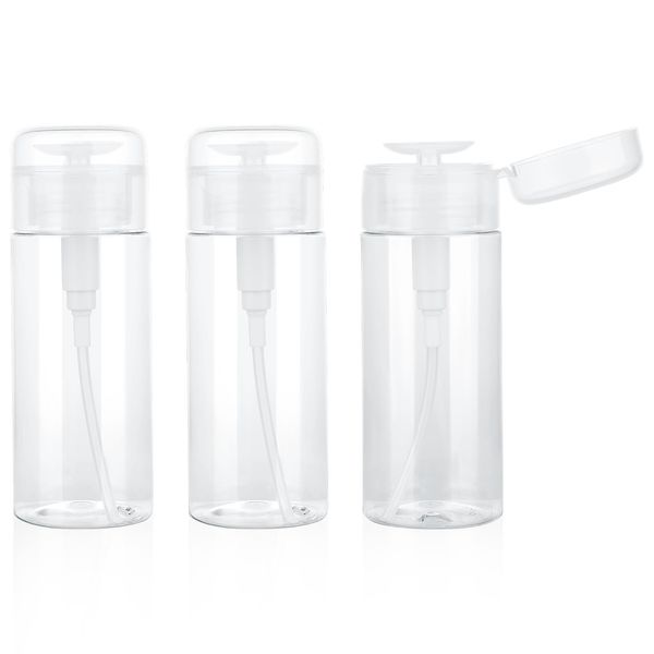 KALIONE 3 PCS Clear Pump Bottle Dispenser, 5 Oz Refillable Nail Polish Push Dow Pump Dispenser Bottle Plastic Empty Liquids Dispenser Pressure Container Bottle with Pump for Makeup Remover