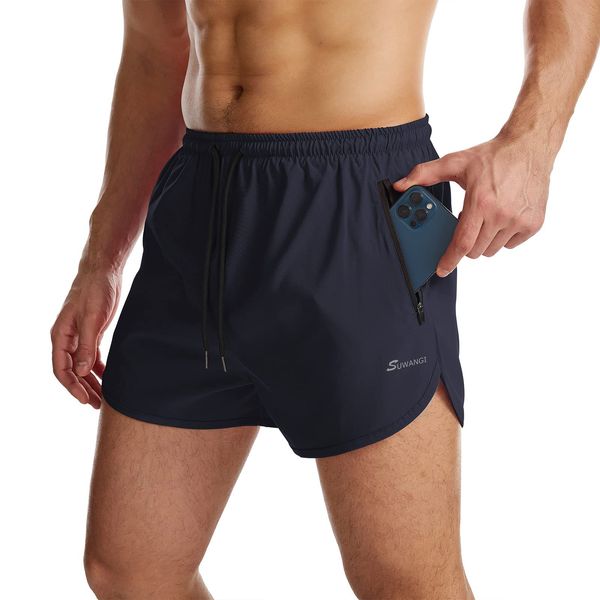 Suwangi Herren Sport Shorts Laufshorts Kurze Hose Schnell mit Innenslip Trocknend Sporthose mit Tasch Blau L