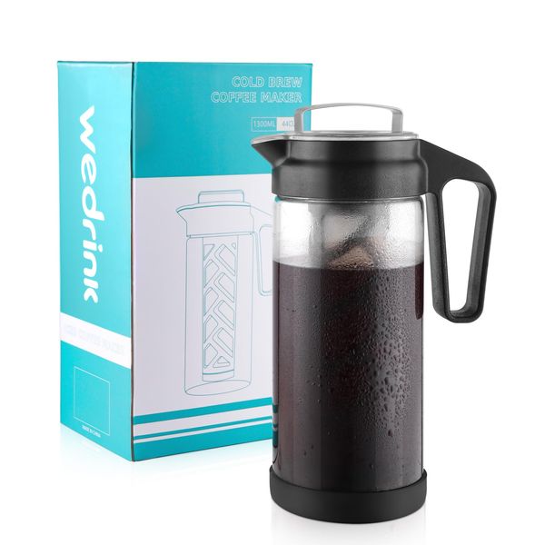 wedrink Cold Brew Coffee Maker, 1.3L Glass Iced Coffee Maker Leak Proof Traitan Iced Tea Coffee Pitcher Stainless Steel Mesh Filter non-slip Silicone Bottom(44OZ)