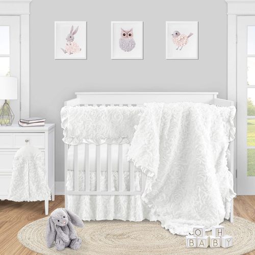 Sweet Jojo Designs White Floral Rose Girl Baby Nursery Crib Bed Skirt Dust Ruffle - Solid Flower Luxurious Elegant Princess Vintage Boho Shabby Chic Luxury Glam High End Roses