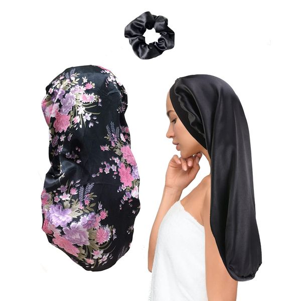 MUFEKUM 3Pcs Long Hair Bonnet for Sleeping, Wide Band Satin Bonnets Night Sleep Cap Sleeping Head Cover, Soft Elastic Bonnet for Braids Silk Bonnet for Long Hair Black Hair Curly Hair (Black+Flower)