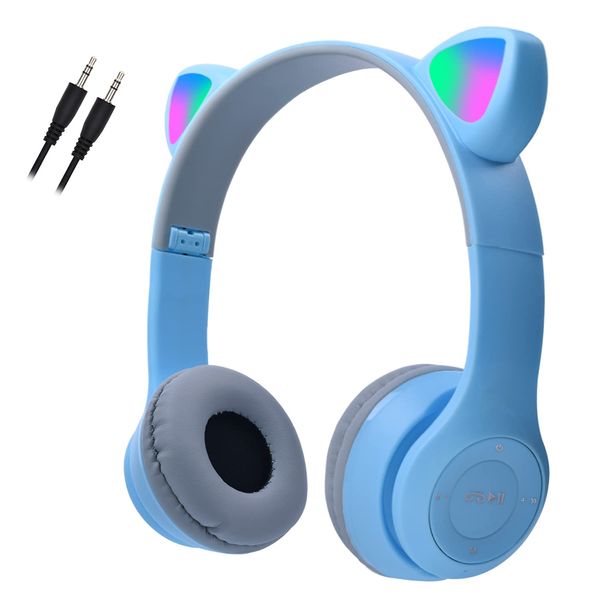 Megadream Kids Wireless Headphones, Bluetooth Over Ear Headphones with Microphone, Cat Ear LED Light Child Headset TF Card/Wired Foldable Earphones for Girls Boys Gift Age 7+(Blue)