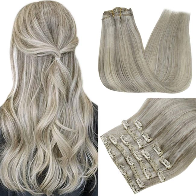 RUNATURE Clip in Hair Extensions Blonde 22 Inch 120g Straight Clip in Hair Extensions Platinum Blonde Highlight Grey Blonde Natural Hair Clip in Human Hair Extensions