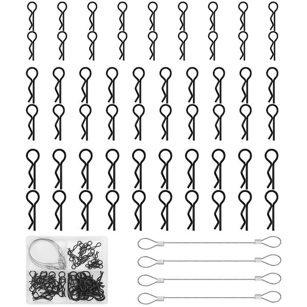 64 Pcs RC Body Clips, Stainless Steel R Type Pin, Body Splint Pins, RC Car Clip Pins, RC Shell Pin for 1/8 1/10 1/16 Scale Remote Control Car Shell (Black)