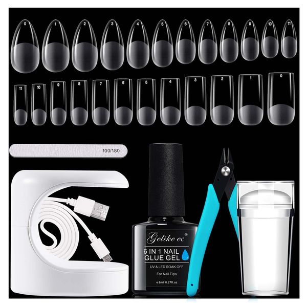 Gelike ec Gel Nail Extension Kit - French Tip Nail Stamp, 6 in 1 Gel Nail Glue, 240PCS Soft Almond & Square Full Cover Gel X Nail Tips, Nail UV Lamp