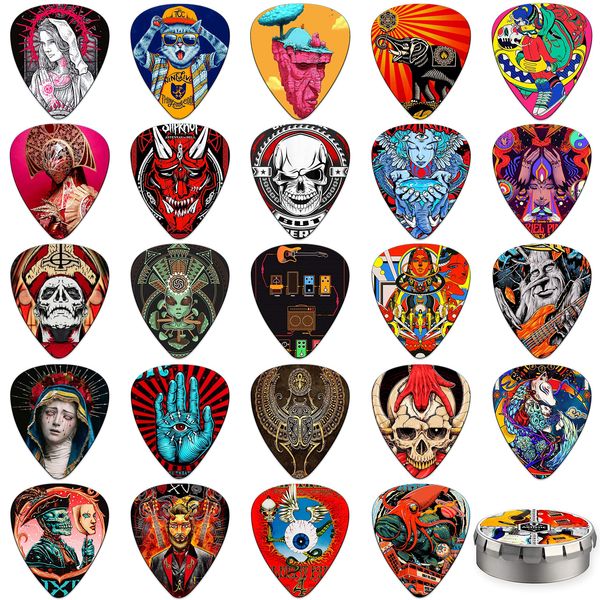 Plektrum 24 Stück,Guitar Picks 0.46/0.71/0.96/1.20mm 4 Verschiedene Stärke Zelluloid Gitarren Plektren,Gitarren Plectrum für Akustikgitarre, E-Guitar, Bass,Ukulele(Mix-3)