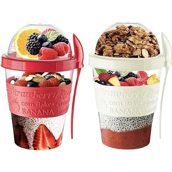 VL Yogurt Pots Spoon Reusable 600ML Overnight Oats Muesli Cup with Lid BPA free Breakfast Cereal To Go Dishwasher Safe Snack Lunch Oatmeal Jars Travel Meal Food Container 20 oz (Red,Cream)