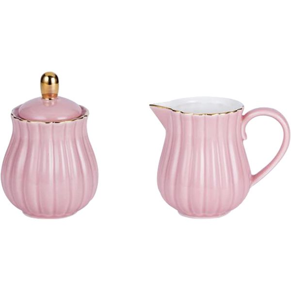 YBK Tech Porcelain Milk jug and Sugar Bowl Set for Coffee Tasting Drinking- Stripe Design (Pink)