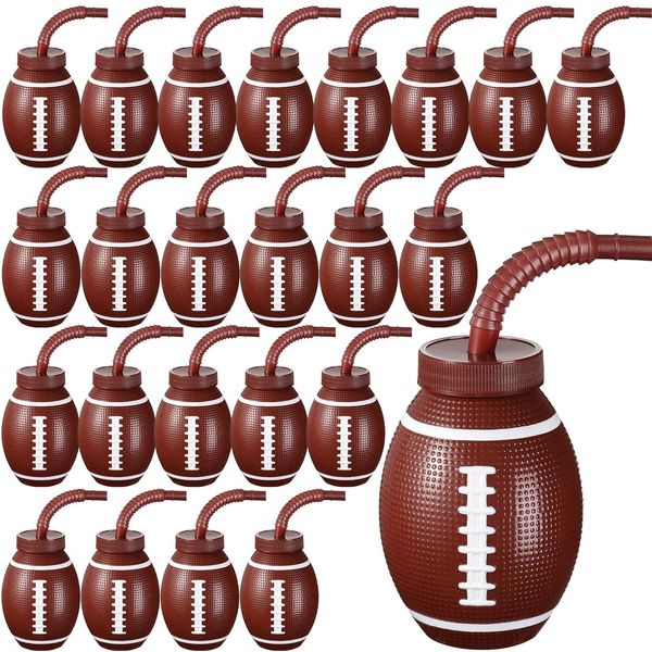 24 Set Football Ball Cups with Straws and Lids,10 oz Reusable Football Party Plastic Cups Bulk for Kids Birthday Theme Party Football Party Supplies