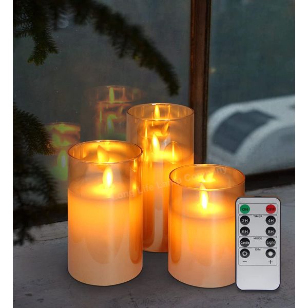 Mega Socket LED Wax Flameless Candles Gold Glass Flicker Flame Candle Pillars USB Rechargeable Set of 3 Remote Control