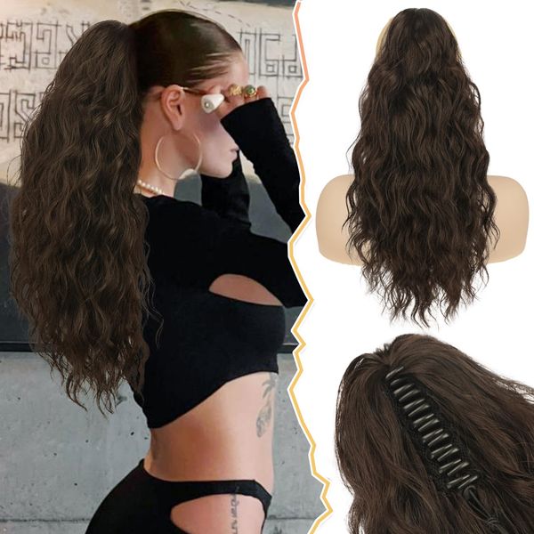 BARSDAR Ponytail Extension, Claw Clip in Ponytail Hair Extensions Long Curly Loose Wavy Pony Tail Brown Fake Ponytail Synthetic Ponytail Hairpieces for Women Daily Party (18Inch,Dark Chocolate Brown)