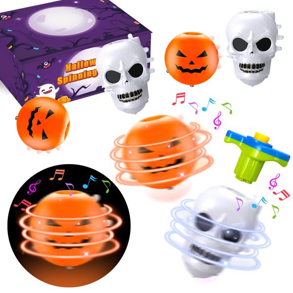 Halloween Treats Non Candy for Kids, 4 Pack Light Up Spinning Tops with Music,Halloween Party Favors Prizes Basket Goodie Bag Stuffer Fillers for Toddlers,Birthday Classroom Toys Gifts for Boys Girls