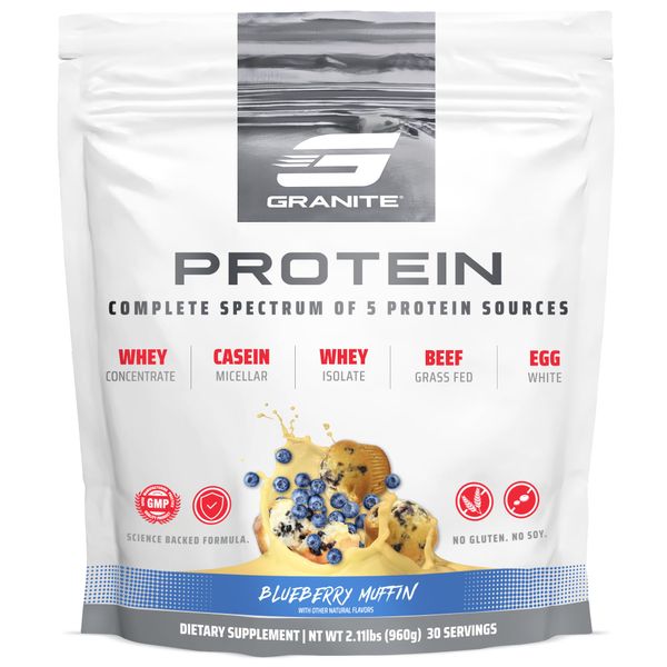 Granite Protein Powder | Whey Isolate & Concentrate| Casein for Lean Muscle Building & Workout Recovery | 30 Servings | Egg & Grass Fed Protein | 23g Protein from 5 Sources | Blueberry Muffin Flavor