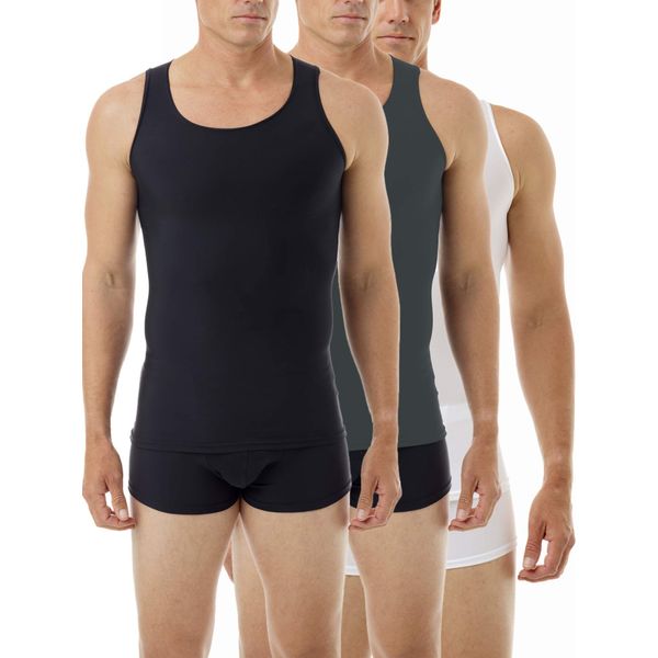 Underworks Mens Microfiber Compression Tank 3-Pack, XLarge, White Black Dark Grey
