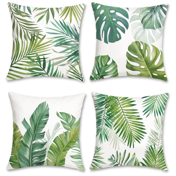 Bonhause Tropical Leaves Cushion Covers 45 x 45 cm Green Palm Leaf Decorative Throw Pillow Covers Soft Velvet Pillowcases for Sofa Garden Patio Spring Summer Decor Set of 4