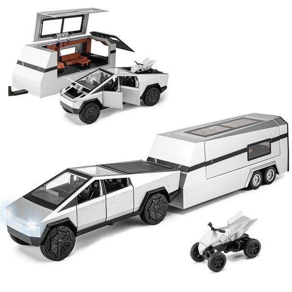 Youngyes Cybertruck Toy for Kids, Pickup Truck with RV Motorcycle Cybertquad Metal Die-cast Model Car, 1/32 Toy Truck and Trailer with Sound/Light/Pull Back, Ideal Gift for Boys Aged 6 and Up (Silver)