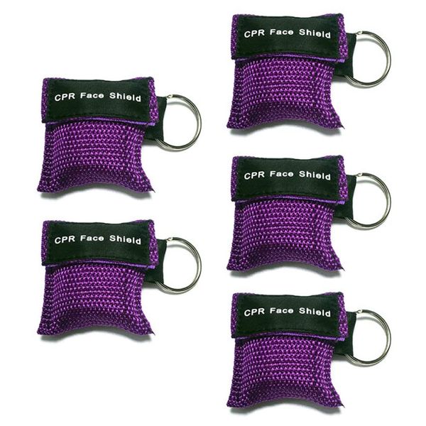 5Pcs CPR Mask, Rescue Face Shields with One-Way Valve Breathing Barrier and Keychain Ring for First Aid or AED Training (Purple)