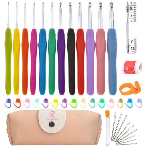 RealPlus Crochet Kits, 12 Pcs Full Size Crochet Hooks Set, Ergonomic Soft Rubber Grip Handles for Arthritic Hands, Crochet Kits for Beginners Adults, Sister Gift, Knitting Tools with Case (Pink)