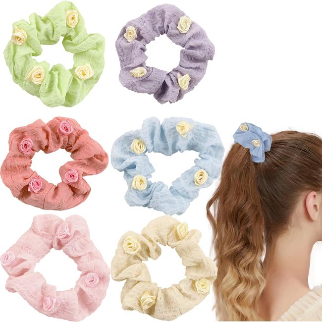 6 PCS Flower Hair Scrunchies，Chiffon Elastic Hair Bands Hair Ties Set,Elastics Ponytail Hair Bands Hair Accessories Scrunchies for Women Girls Ladies