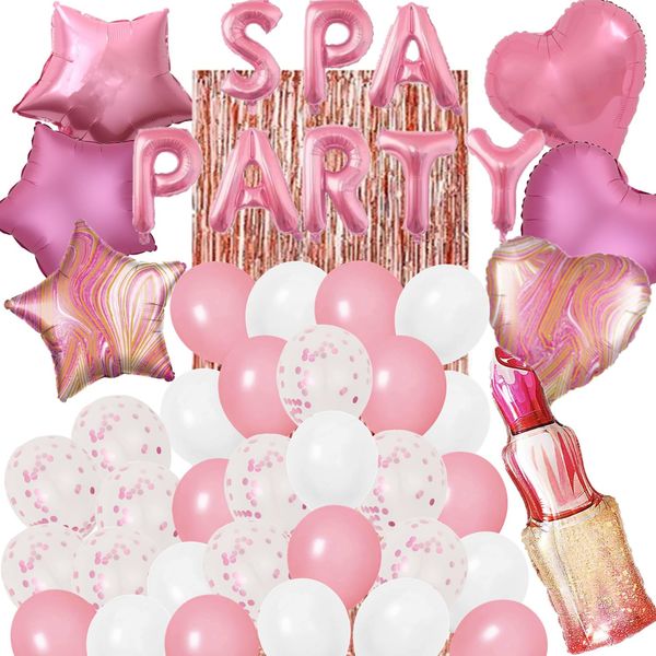 46 Pieces Spa Party Decorations Balloons Spa Theme Birthday Party Supplies Lipstick Cosmetics Balloons Foil Fringe Curtains for Girls Spa Day Makeup Party (Light Pink)