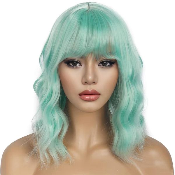 Saypeds Mint Green Wavy Wigs for Women Short Curly Bob Wig with Bangs Synthetic Heat Resistant Shoulder Length Wigs for Daily Party Cosplay Costume