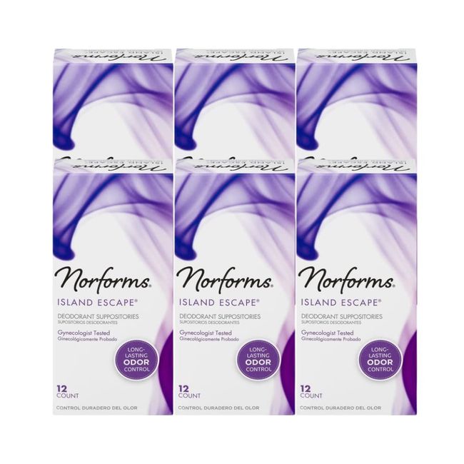 Norforms Feminine Deodorant Suppositories, Long Lasting Odor Control, Island Escape Scent, 12 Count. (Pack of 6)