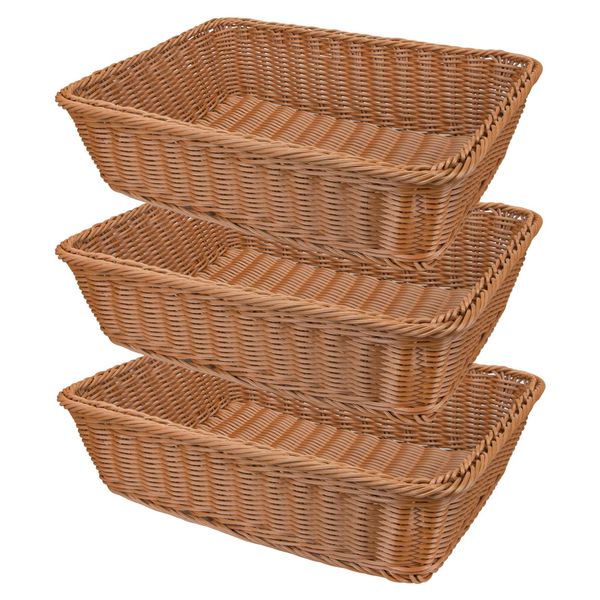 Yarlung 3 Pack Imitation Rattan Woven Bread Baskets, 30cm Poly Wicker Fruit Baskets for Food Serving, Display, Vegetables, Home Kitchen, Restaurant, Outdoor, Brown Rectangular