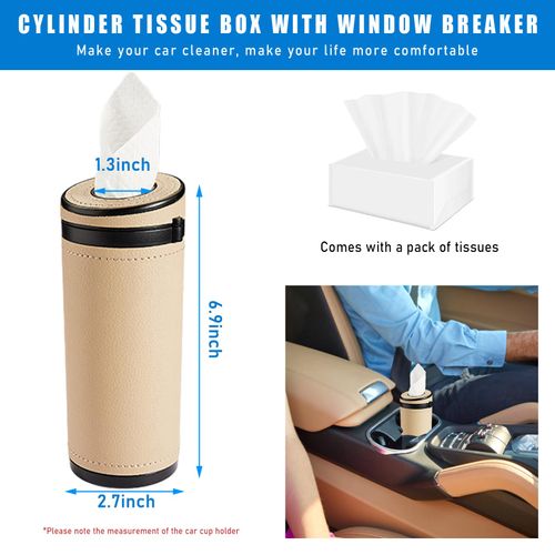 Suvnie Car Tissue Holder, Auto Cylinder Tissue Box with Window Breaker, Leather Round Tissues Container for Vehicle Home Office Use, Travel Facial Tissues Organizer Car Accessories (Beige)