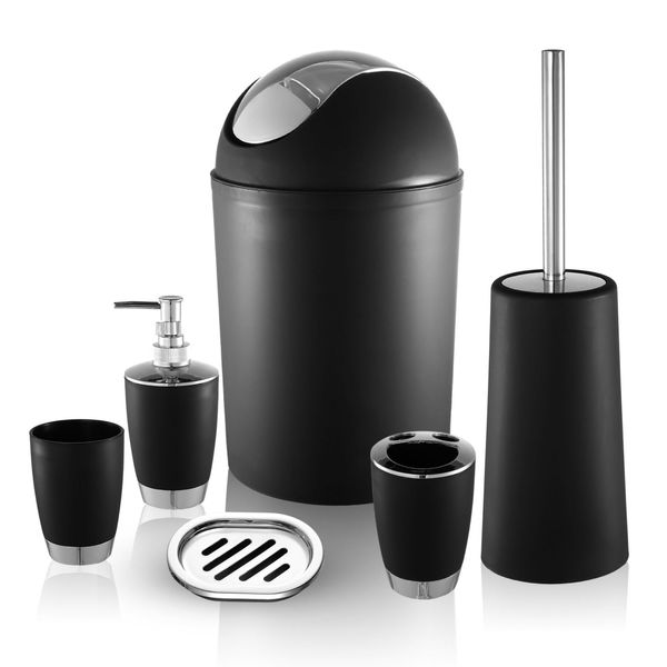 Bathroom Accessories Set 6 Pcs Bathroom Set Ensemble Complete Soap Dispenser Toothbrush Holder Tumbler Soap Dish Toilet Cleaning Brush Trash Can - Black