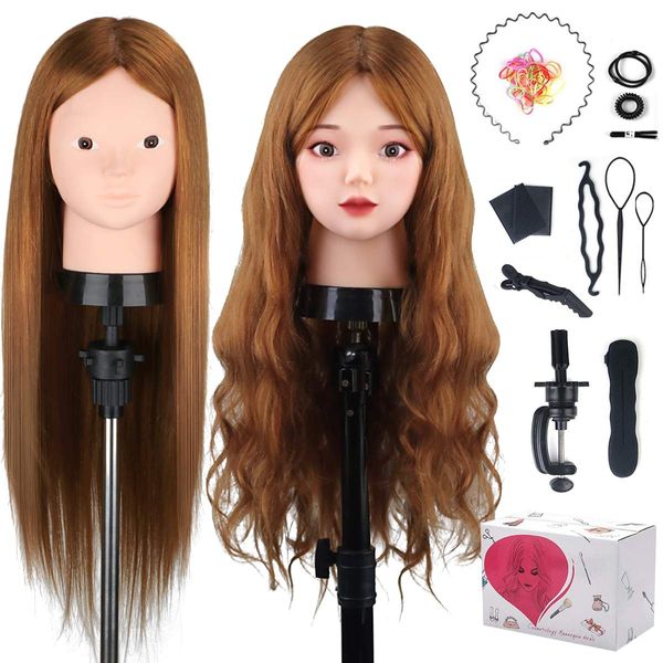 Beauty Star Mannequin Head with 80% Real Human Hair, Manikin Doll Head for Hair Styling, Cosmetology Makeup Hairdressing Training Practice Head with Clamp Stand and DIY Hair Styling Braiding Set