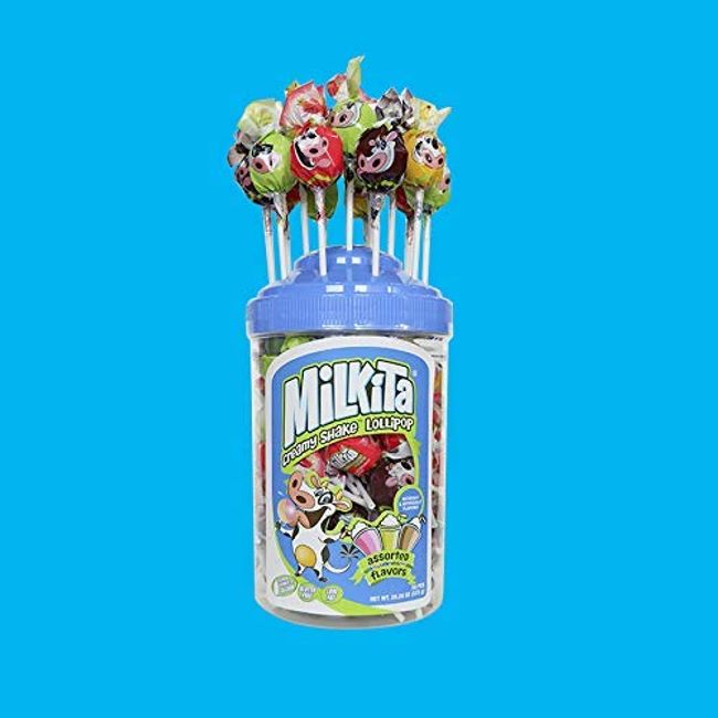 Milkita Creamy Shake Lollipop Jar, Gluten Free Chewy Candies with Calcium & Real Milk, Zero Trans Fat, Low-Sugar, Assorted Flavors (Strawberry, Chocolate, Honeydew, Banana), 50 Pcs