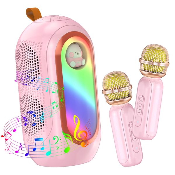 Olycism Mini Karaoke Machine for Kids & Adults with 2 Wireless Microphones Portable Karaoke Machine 2x5W Bluetooth Speaker Birthday Gift Toys Gifts for Kids Family Home Outdoor Party Pink