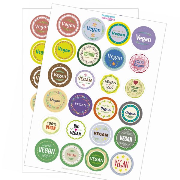 48 x bunte Design Etiketten VEGAN im Mix - für Ihre individuellen Produkte - Manufaktur - Hotel Buffet - Aufkleber Sticker im Set