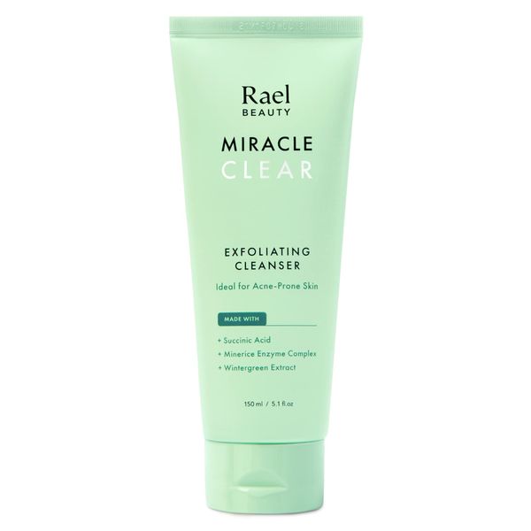 Rael Face Wash, Miracle Clear Exfoliating Cleanser - Face Cleanser for Oily and Acne Prone Skin, Gentle Facial Cleanser, Hydrating, w/Succinic Acid & Minerice, Vegan, Cruelty Free (5.1 fl. oz)