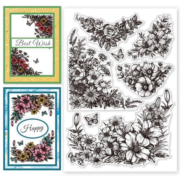 CHGCRAFT Silikonstempel Floral Corners Klare Stempel Blumen Transparente Silikonstempel Zur Kartenherstellung, Zur Kartenherstellung Dekor DIY Scrapbooking Transparentes Album Dekor