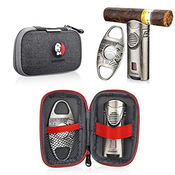 Cigar Cutter and Lighter Set Sharpening Blade Engraved Cigar Guillotine Lighter Torch with Stand Windproof Single Torch Butane Refillable Scorch Lighters