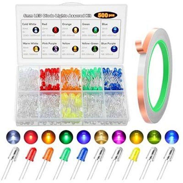 10 Colors 500 Pcs 5mm LED Light Emitting Diode Assorted Kit with 20M Self