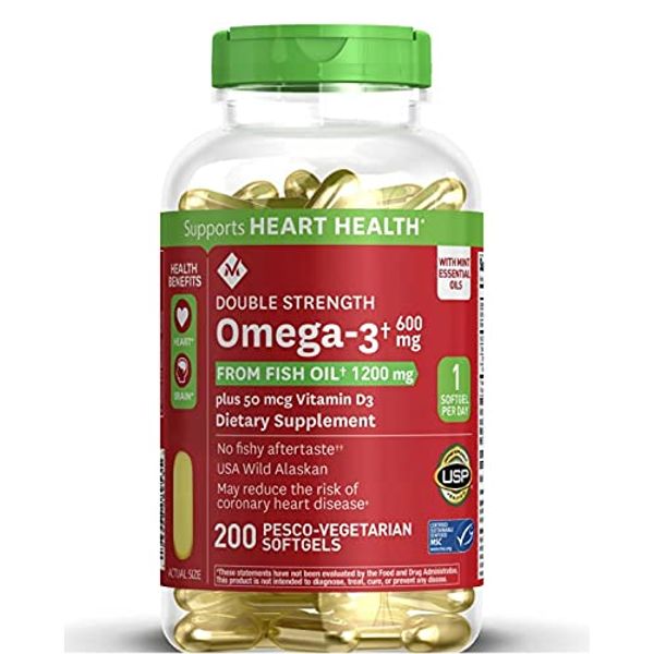 Member's Mark Enteric Double Strength Fish Oil 1200mg Softgels 600mg Omega-3 EPA DHA Plus Vitamin D3 2000 Iu (1 Bottle (200 softgels))